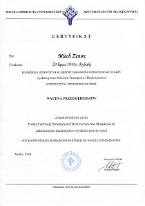 Certyfikat uczestnictwa w seminarium Wycena przedsibiorstw - Zenon Miech